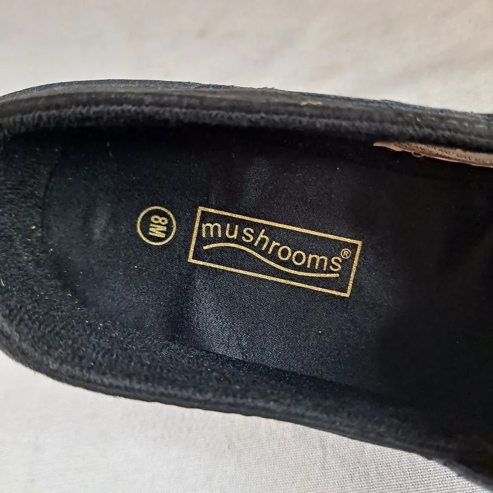 Mushrooms Black Leather & Suede Wedge Flats Size 8 M Elastic Straps for Stretch